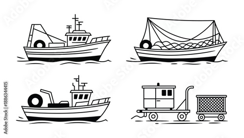 Fishing fleet illustration: A collection of simple line drawings shows different types of fishing boats and equipment, evoking the maritime world.