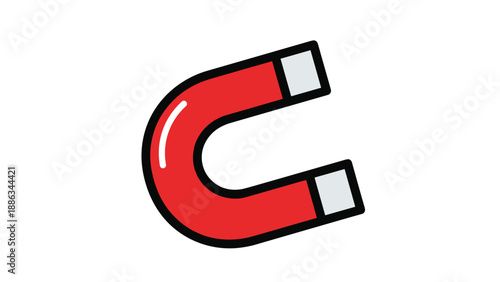 Classic red horseshoe magnet with silver tips is shown in a bold vector style to represent attraction, physics, and magnetic forces.