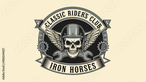 Classic Riders Club Skull Emblem with Wings and Wrenches
