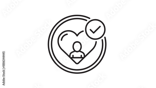 a black line drawing of a person inside a heart with a checkmark high quality professional
