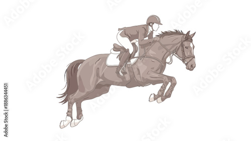 Equestrian jumping obstacle, rider on horse mid-air, dynamic action sport illustration