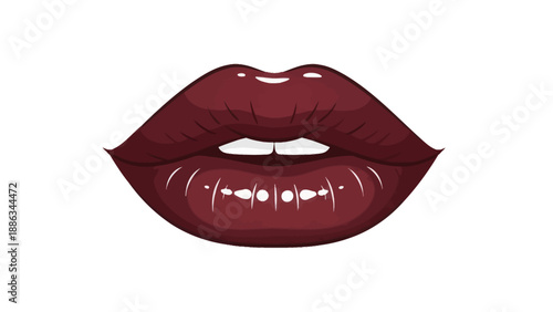 Glossy dark red lips with white teeth, isolated on white background