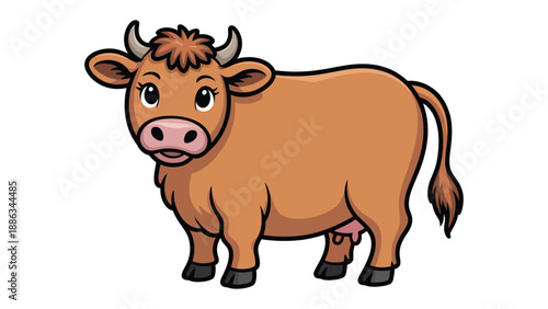 The Gentle Cow: A charming cartoon depiction of a brown cow with a friendly expression. Capturing the simplicity and serenity of rural life, ideal for educational content, farm themes.