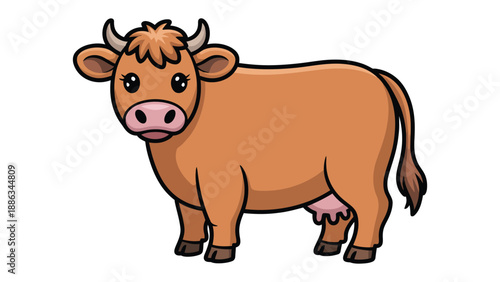 Cute Brown Cow: A charming cartoon depiction of a friendly brown cow, with big eyes and a gentle demeanor, standing proudly.