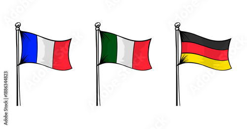 Flags of Italy France and Germany on flagpoles without background.