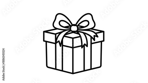 Simple black and white line drawing of a square gift box tied with a large decorative ribbon bow for coloring or icons.