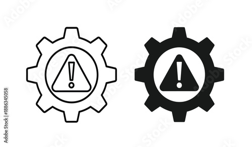 Warning gear icons with exclamation marks in black and white colors