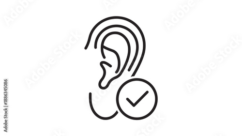 a black line drawing of a human ear with a checkmark high quality professional detailed modern
