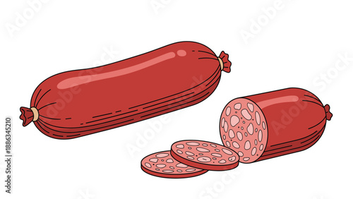 Whole red salami sausage alongside several thin circular slices showing fat marbling on a plain white background for food themes.
