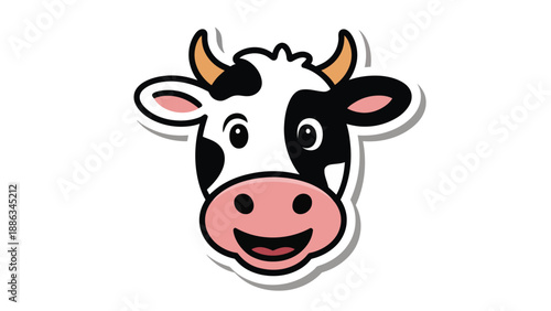 Happy Cow Illustration: An adorable illustration of a smiling cow, featuring black and white patches, a pink snout, and curved horns, radiating cheerfulness and approachability.