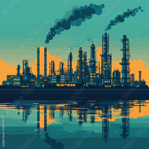 chemical, petrochemical or processing plant, heavy industry landscape, industrial background , vector style simple color