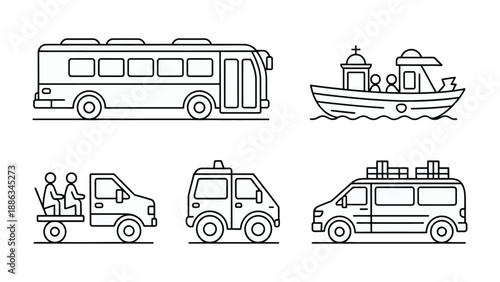 Road and water transport: A collection of various means of transportation, drawn with a minimalist line style. It includes a bus, a boat, a pickup, a car and a van.