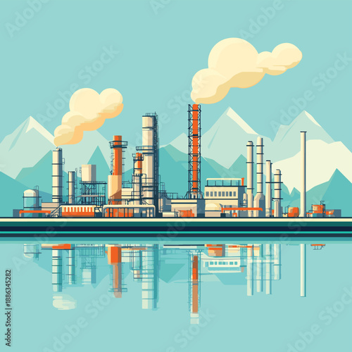 chemical, petrochemical or processing plant, heavy industry landscape, industrial background , vector style simple color