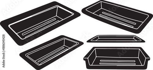 Black rectangular trays with white outlines on white background