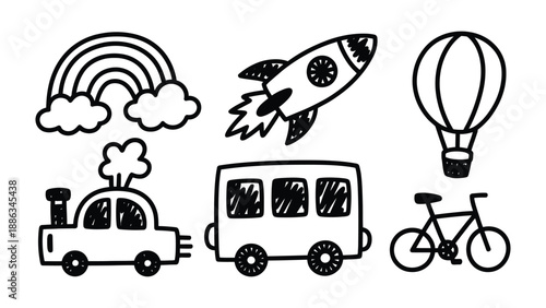 Journey Dreams: Whimsical illustrations, including a rainbow, rocket, hot air balloon, train, bus, and bicycle.
