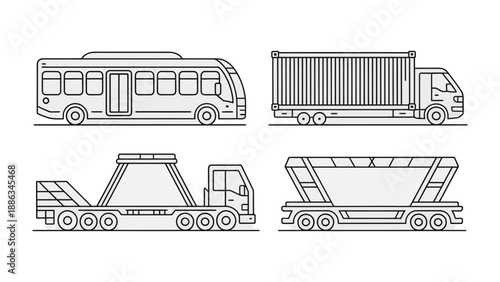 Transportation Lineup: A diverse collection of modern transportation vehicles, each one designed with precision and functionality, showcasing the seamless flow of goods and people across the city. 