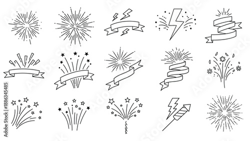 Set of celebratory line art elements including festive fireworks, swirling ribbons, bright lightning bolts, and small stars.