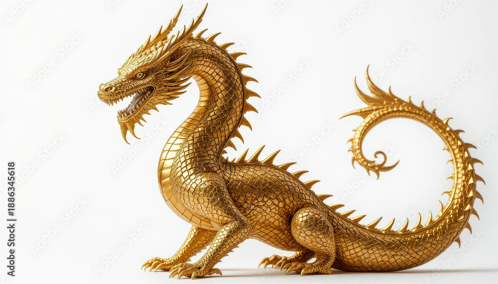 Fototapeta premium Golden dragon illustration symbolizing power, wisdom and prosperity, mythical creature design inspired by Asian cultural heritage on clean background 