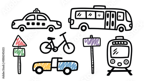 Sketch of Transport Icons: A whimsical collection of hand-drawn transportation icons, showcasing a taxi, bus, bicycle, road sign, pick up, and train.