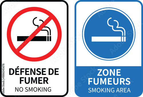 Smoking is prohibited in this area.There is a designated smoking area.Frenchand English Blue and white background1