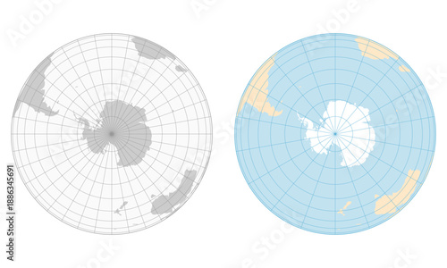 Set of South Pole maps showing Antarctica in polar projection, featuring clean grid lines in both gray monochrome and soft color styles.