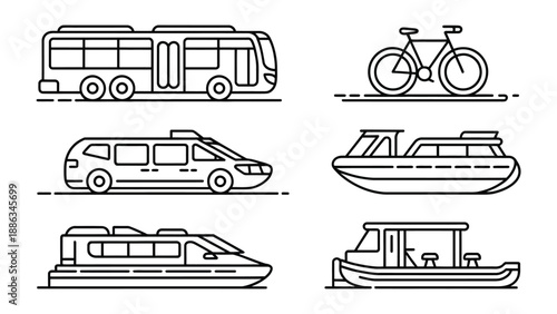 Transportation Collection: A set of distinct line art icons, each representing a mode of transportation. These minimalist designs evoke a sense of modern mobility.