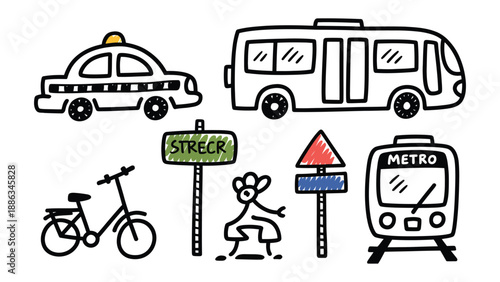 Doodle Transportation: Hand-drawn illustrations of a diverse range of transportation modes and traffic signs, perfect for various creative projects. 