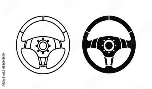 Steering wheel icons in line and solid black styles for vehicle or automotive design