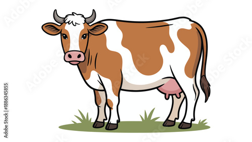Cow Illustration: A charming cow with its characteristic spots, stands proudly with its horns and distinct markings on a field of grass. A symbol of rural life, it evokes a sense of tranquility.