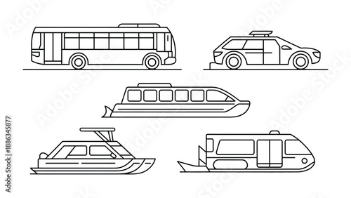 Transportation Collection: A curated set of line illustrations showcases a bus, car, boat, vessel and a train, perfect for design and informative applications.