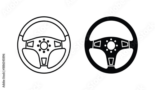 Two steering wheel icons in black and white on a pure