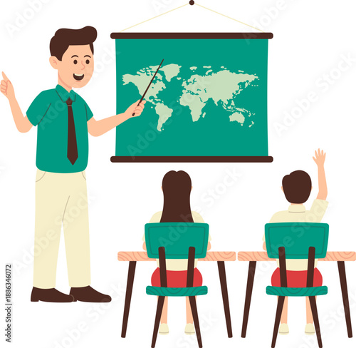 Teacher Guiding Students in Geography Class with World Map