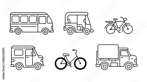 Diverse transport Icons: A collection of simple black line icons. Showcasing a bus, auto rickshaw, two bicycles, a van, and a delivery truck, offering versatility.