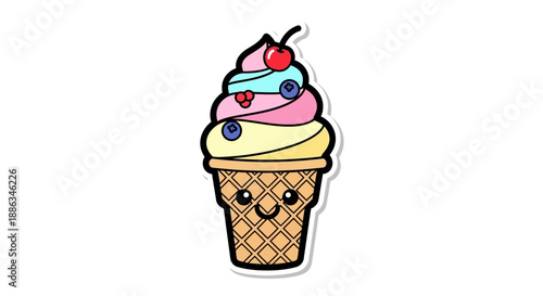 colorful ice cream cone with berries and cherry