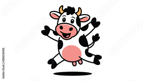 Cheerful Cow Mascot: A playful cartoon cow, leaping joyfully with a bright smile, embodying the essence of pure delight and mirth.