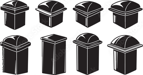 Black and white illustration of trash cans in various positions