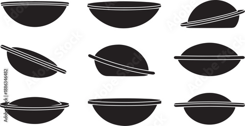 Black and white bowl icons with chopsticks illustrations set