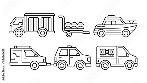 Array of Vehicles: A comprehensive collection of meticulously designed line art illustrations, featuring a diverse array of vehicles for various purposes.