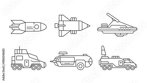 Futuristic Vehicles in Line: A collection of sleek, modern vehicle designs arranged in a row, each hinting at the innovative future of transportation and exploration.