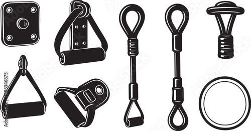 Black and white illustration of various metal hardware pieces