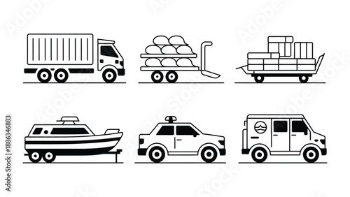 Transportation Icons: A collection of simple, black and white illustrations of various modes of transport, perfect for representing movement and delivery.