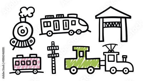 Doodle Transportation Elements: Hand-drawn illustrations showcase a playful ensemble of train-related elements, evoking a sense of joy and imagination.