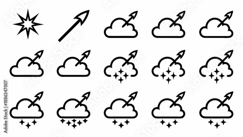 A set of minimalist weather icons featuring clouds and rockets in a flat design style