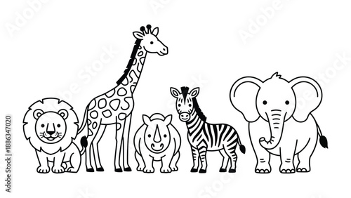 Wild Savanna Lineup: A captivating illustration showcases a lineup of iconic savanna creatures in a clean and stylish outline design. The animals, each bearing unique features.
