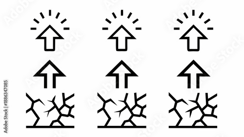A set of black and white vector graphic icons featuring arrows and cracked ground designs on a transparent background