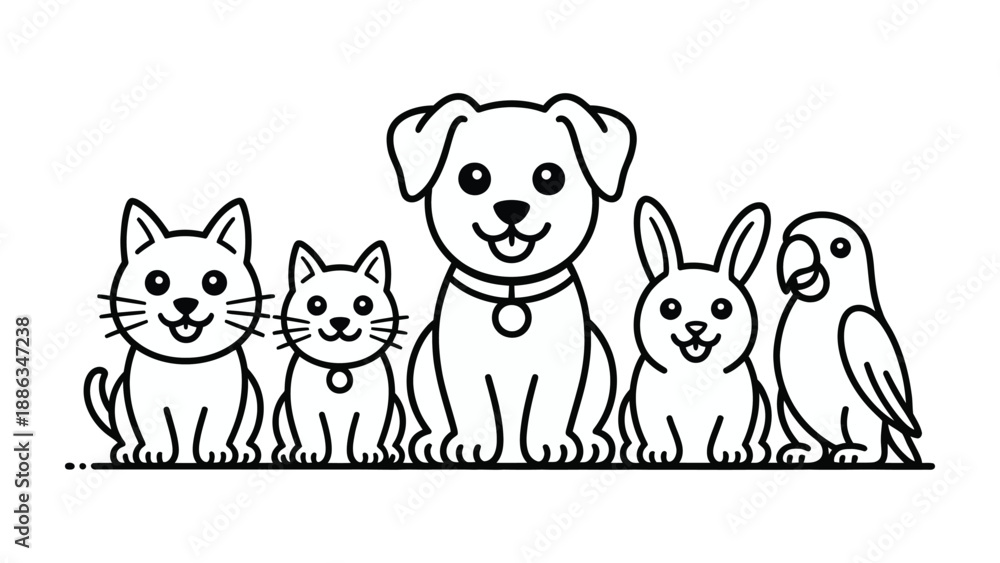 Obraz premium Adorable Pet Lineup: A charming collection of pets, each radiating joy and warmth, come together in a heartwarming illustration. Depicting a cat, dog, rabbit.