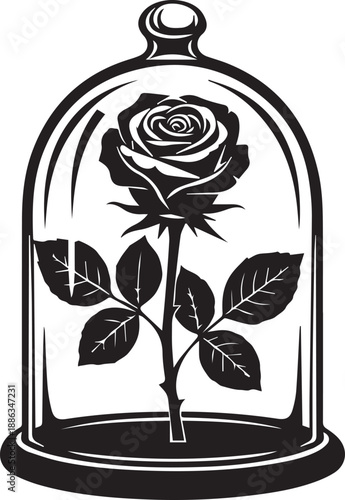 Single rose encased within a glass bell jar or cloche Silhouette vector black on a white background