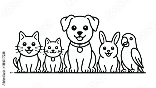 Adorable Pet Lineup: A charming collection of pets, each radiating joy and warmth, come together in a heartwarming illustration. Depicting a cat, dog, rabbit.