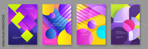 Set of abstract posters with overlapping circles and squares using vivid gradient colors inspired by modern bauhaus graphic design style