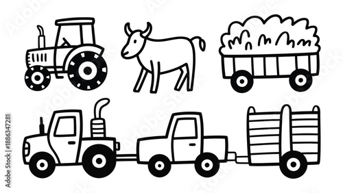 Farm Life Elements: Simple line illustrations depicting essential elements of farm life, including a tractor, farm truck, cow and hay cart.